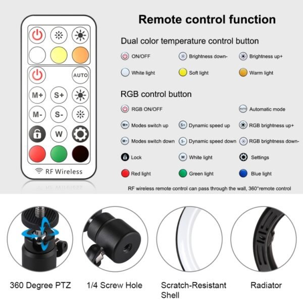PULUZ 10.2 inch 26cm Marquee LED RGBWW Selfie Beauty Light + Desktop Tripod Mount 168 LED Dual-color Temperature Dimmable Ring Vlogging Photography Video Lights with Cold Shoe Tripod Ball Head & Remote Control & Phone Clamp, 10.2 inch RGBWW+Desktop Mount - Image 5