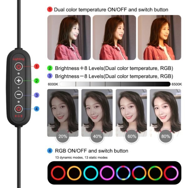 PULUZ 10.2 inch 26cm Marquee LED RGBWW Selfie Beauty Light + Desktop Tripod Mount 168 LED Dual-color Temperature Dimmable Ring Vlogging Photography Video Lights with Cold Shoe Tripod Ball Head & Remote Control & Phone Clamp, 10.2 inch RGBWW+Desktop Mount - Image 6
