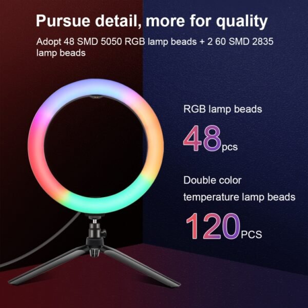 PULUZ 10.2 inch 26cm Marquee LED RGBWW Selfie Beauty Light + Desktop Tripod Mount 168 LED Dual-color Temperature Dimmable Ring Vlogging Photography Video Lights with Cold Shoe Tripod Ball Head & Remote Control & Phone Clamp, 10.2 inch RGBWW+Desktop Mount - Image 8