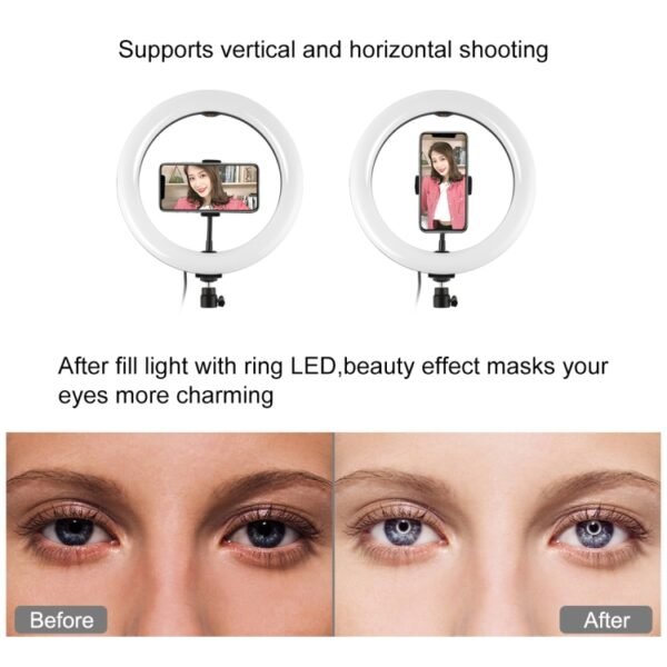 PULUZ 10.2 inch 26cm Marquee LED RGBWW Selfie Beauty Light + Desktop Tripod Mount 168 LED Dual-color Temperature Dimmable Ring Vlogging Photography Video Lights with Cold Shoe Tripod Ball Head & Remote Control & Phone Clamp, 10.2 inch RGBWW+Desktop Mount - Image 9