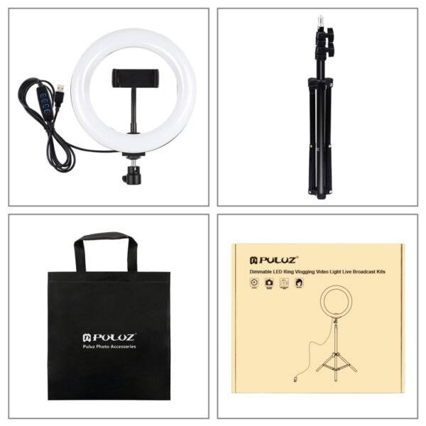 PULUZ 7.9 inch 20cm Light+ 1.1m Tripod Mount USB 3 Modes Dimmable Dual Color Temperature LED Curved Light Ring Vlogging Selfie Photography Video Lights with Phone Clamp, 7.9 inch Light+ 1.1m Tripod - Image 11
