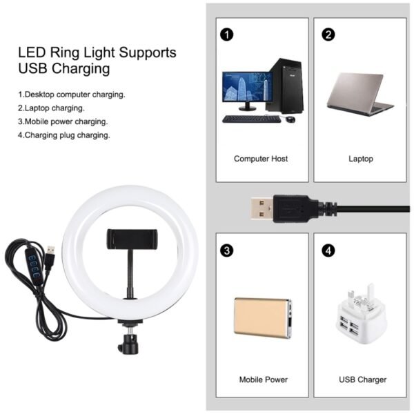 PULUZ 7.9 inch 20cm Light+ 1.1m Tripod Mount USB 3 Modes Dimmable Dual Color Temperature LED Curved Light Ring Vlogging Selfie Photography Video Lights with Phone Clamp, 7.9 inch Light+ 1.1m Tripod - Image 4
