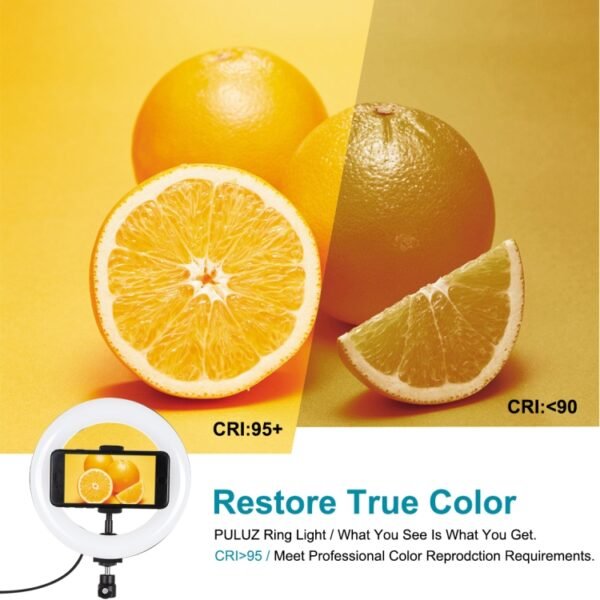 PULUZ 7.9 inch 20cm Light+ 1.1m Tripod Mount USB 3 Modes Dimmable Dual Color Temperature LED Curved Light Ring Vlogging Selfie Photography Video Lights with Phone Clamp, 7.9 inch Light+ 1.1m Tripod - Image 7