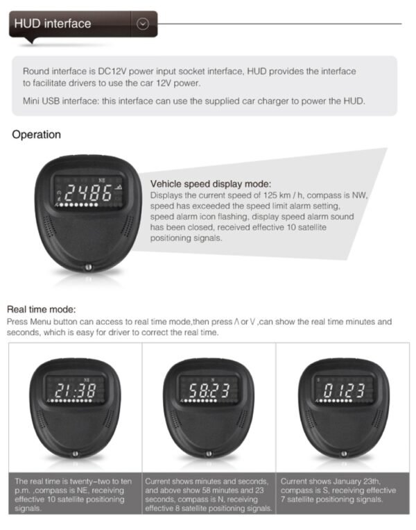 A1 2.0 inch Car GPS HUD Head Up Display Vehicle-mounted Security System, Support Speed & Real Time & Altitude & Over Speed Alarm & Compass & MPH & Auto Sleeping & KM & Satellite Signal - Image 15