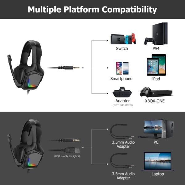 ONIKUMA K20 PS4 Headset Stereo Gaming Headset with Microphone/LED Light for XBox One/Laptop Tablet - Image 7