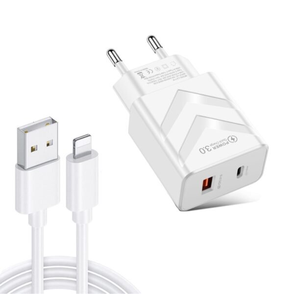 LZ-715 20W PD + QC 3.0 Dual-port Fast Charge Travel Charger with USB to 8 Pin Data Cable, EU Plug, USB to 8 Pin Data Cable, EU Plug