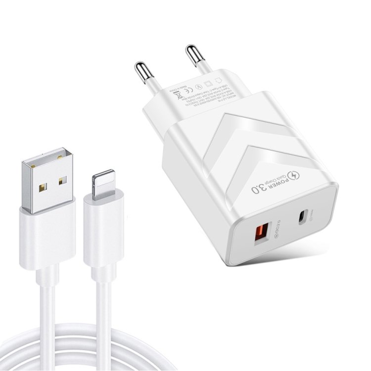 LZ-715 20W PD + QC 3.0 Dual-port Fast Charge Travel Charger with USB to 8 Pin Data Cable, EU Plug, USB to 8 Pin Data Cable, EU Plug
