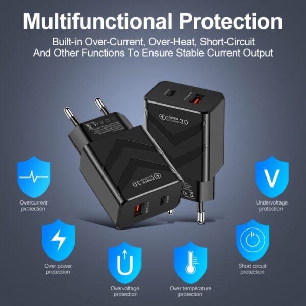 LZ-715 20W PD + QC 3.0 Dual-port Fast Charge Travel Charger with USB to 8 Pin Data Cable, EU Plug, USB to 8 Pin Data Cable, EU Plug - Image 3
