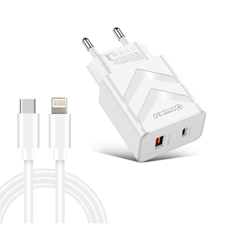 LZ-715 20W PD + QC 3.0 Dual Ports Fast Charging Travel Charger with USB-C / Type-C to 8 Pin Data Cable, EU Plug, Type-C to 8 Pin Data Cable, EU Plug