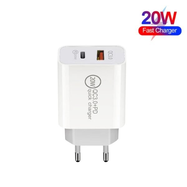 20W PD Type-C + QC 3.0 USB Interface Fast Charging Travel Charger with USB-C / Type-C to 8 Pin Fast Charge Data Cable, EU Plug, US Plug, AU Plug - Image 2