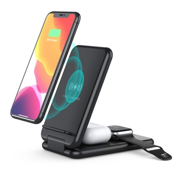 15W 3 in 1 Foldable Qi Fast Wireless Charger Station Phone Holder for iPhones & iWatchs & Airpods - Image 3