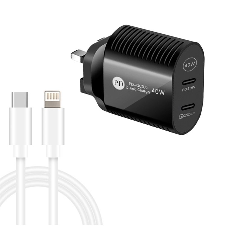 40W Dual Port PD / Type-C Fast Charger with Type-C to 8 Pin Data Cable, UK Plug, UK Plug + Type-C to 8 Pin Cable