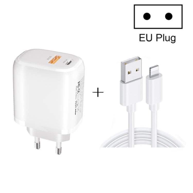 CS-20W Mini Portable PD3.0 + QC3.0 Dual Ports Fast Charger with 3A USB to 8 Pin Data Cable, Charger + USB to 8 Pin Cable