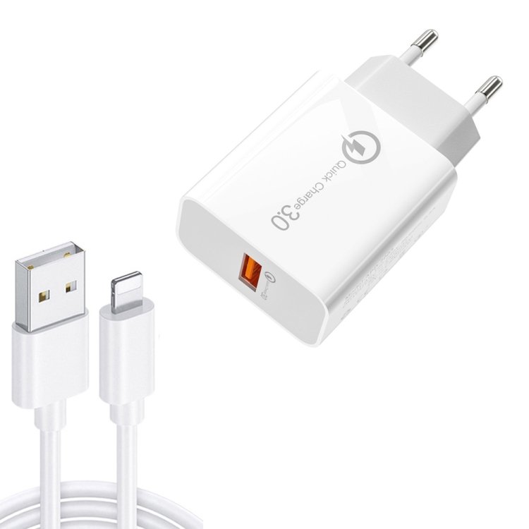 APD-2003 18W QC3.0 Single Port USB Charger with 1m USB to 8 Pin Data Cable, EU Plug + USB to 8 Pin Cable, US Plug + USB to 8 Pin Cable