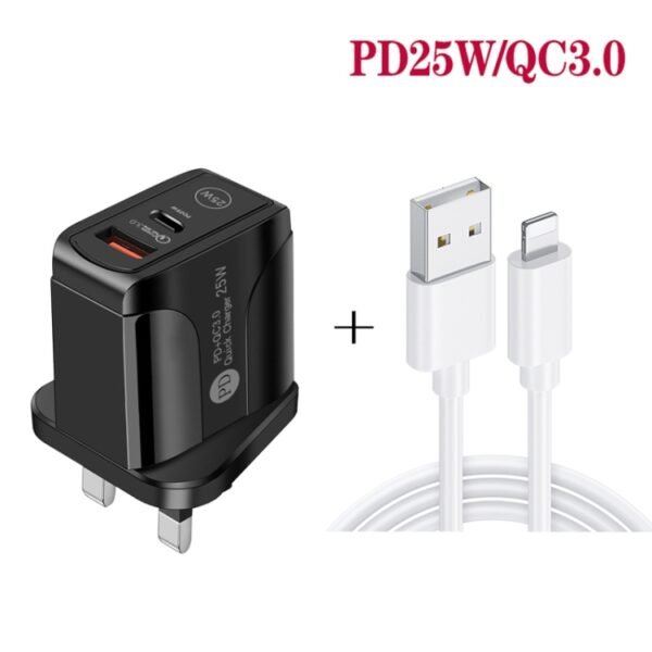 PD25W USB-C / Type-C + QC3.0 USB Dual Ports Fast Charger with USB to 8 Pin Data Cable, UK Plug, UK Plug + USB to 8 Pin Cable - Image 3