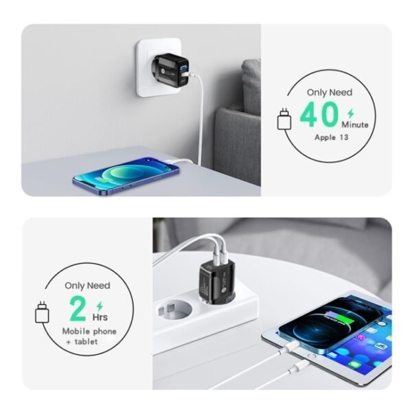 PD25W USB-C / Type-C + QC3.0 USB Dual Ports Fast Charger with USB to 8 Pin Data Cable, UK Plug, UK Plug + USB to 8 Pin Cable - Image 4