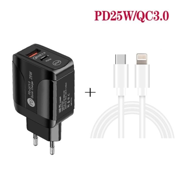 PD25W USB-C / Type-C + QC3.0 USB Dual Ports Fast Charger with USB-C to 8 Pin Data Cable, EU Plug, EU Plug + USB-C to 8 Pin Cable - Image 3