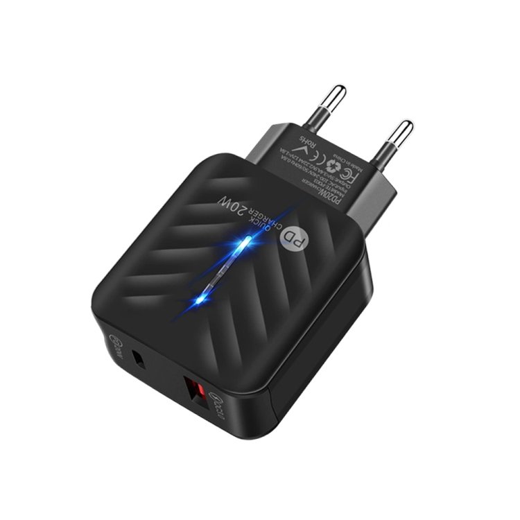 PD03 20W Type-C + QC3. 0 USB Charger with Indicator Light, EU Plug, EU Plug, EU Plug + USB to Type-C Cable