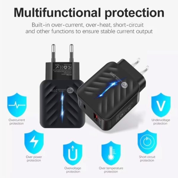 PD03 20W Type-C + QC3. 0 USB Charger with Indicator Light, EU Plug, EU Plug, EU Plug + USB to Type-C Cable - Image 3