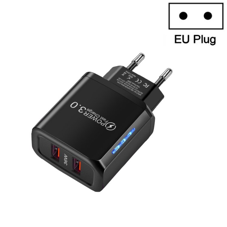 36W Dual Port QC3.0 USB Mobile Phone Charger Dual 18W Output, EU Plug, EU Plug