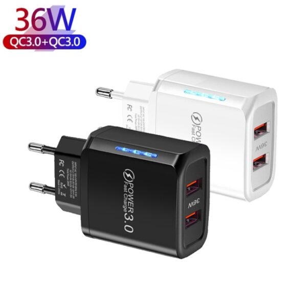 36W Dual Port QC3.0 USB Mobile Phone Charger Dual 18W Output, EU Plug, EU Plug - Image 2