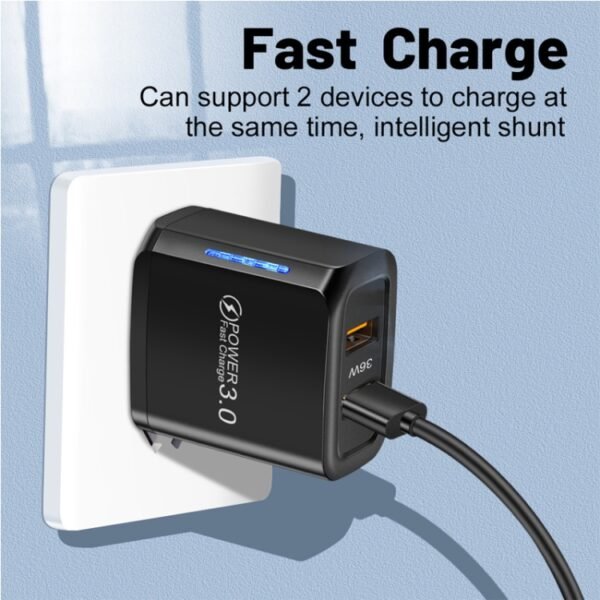 36W Dual Port QC3.0 USB Mobile Phone Charger Dual 18W Output, EU Plug, EU Plug - Image 3