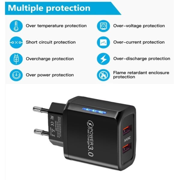 36W Dual Port QC3.0 USB Mobile Phone Charger Dual 18W Output, EU Plug, EU Plug - Image 4