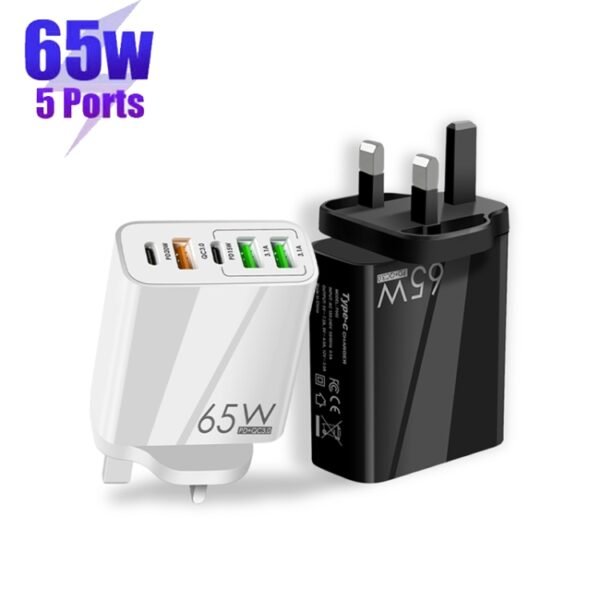 65W Dual PD Type-C + 3 x USB Multi Port Charger with 3A Type-C to 8 Pin Data Cable, UK Plug, UK Plug + Type-C to 8 Pin Cable - Image 2