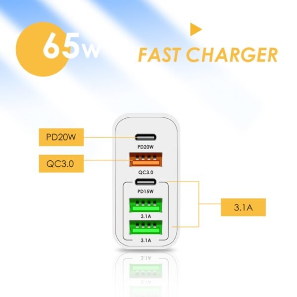 65W Dual PD Type-C + 3 x USB Multi Port Charger with 3A Type-C to 8 Pin Data Cable, UK Plug, UK Plug + Type-C to 8 Pin Cable - Image 4
