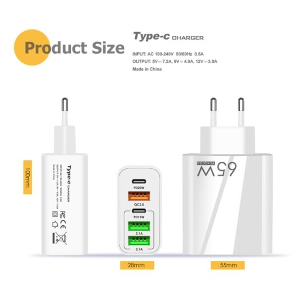 65W Dual PD Type-C + 3 x USB Multi Port Charger with 3A Type-C to 8 Pin Data Cable, UK Plug, UK Plug + Type-C to 8 Pin Cable - Image 5