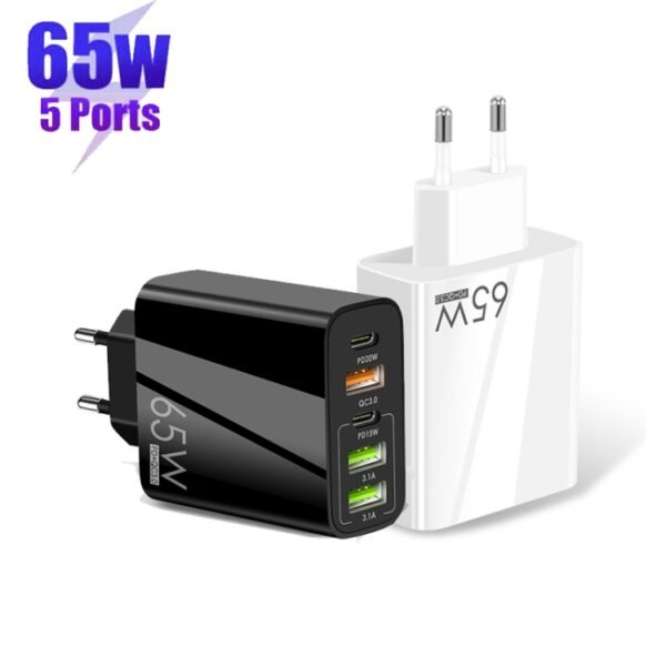 65W Dual PD Type-C + 3 x USB Multi Port Charger with 3A USB to 8 Pin Data Cable, EU Plug, EU Plug + USB to 8 Pin Cable - Image 2