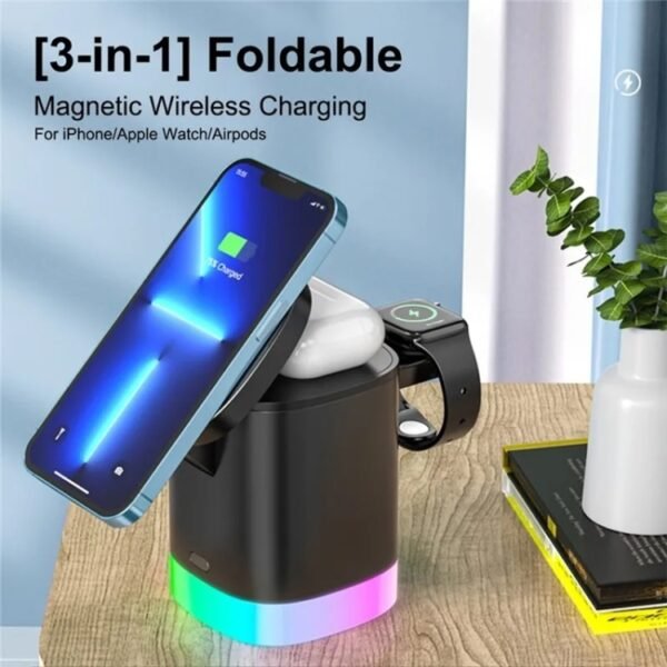 T15 3 in 1 Magnetic Magsafe Wireless Charger Folding Charging Stand For iPhone / iWatch / AirPods, T15 - Image 3