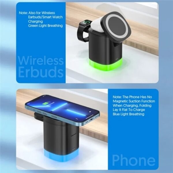 T15 3 in 1 Magnetic Magsafe Wireless Charger Folding Charging Stand For iPhone / iWatch / AirPods, T15 - Image 5