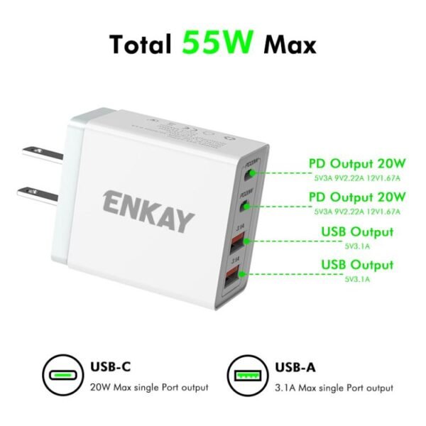 ENKAY FC-002 55W Dual USB-A Dual USB-C / Type-C Four Ports Quick Charger, EU Plug, US Plug, UK Plug - Image 2