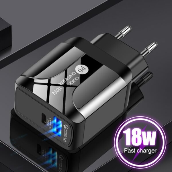 18W PD + QC 3.0 Fast Charge Travel Charger Power Adapter With LED Indication Function, EU Plug Black, US Plug Black, UK Plug Black, EU Plug White, US Plug White, UK Plug White - Image 2