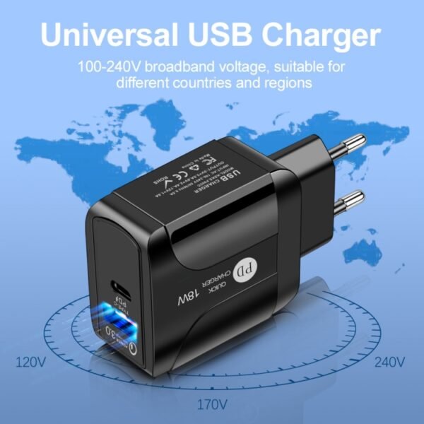 18W PD + QC 3.0 Fast Charge Travel Charger Power Adapter With LED Indication Function, EU Plug Black, US Plug Black, UK Plug Black, EU Plug White, US Plug White, UK Plug White - Image 3