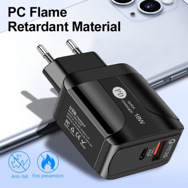 18W PD + QC 3.0 Fast Charge Travel Charger Power Adapter With LED Indication Function, EU Plug Black, US Plug Black, UK Plug Black, EU Plug White, US Plug White, UK Plug White - Image 4
