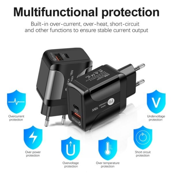 18W PD + QC 3.0 Fast Charge Travel Charger Power Adapter With LED Indication Function, EU Plug Black, US Plug Black, UK Plug Black, EU Plug White, US Plug White, UK Plug White - Image 5