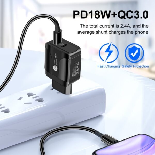 18W PD + QC 3.0 Fast Charge Travel Charger Power Adapter With LED Indication Function, EU Plug Black, US Plug Black, UK Plug Black, EU Plug White, US Plug White, UK Plug White - Image 7