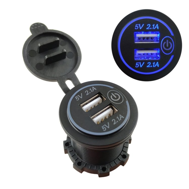 Car Motorcycle Modified Charger Double Aperture 4.2A With Touch Switch USB Car Charge, Blue Light, Red Light, Green Light