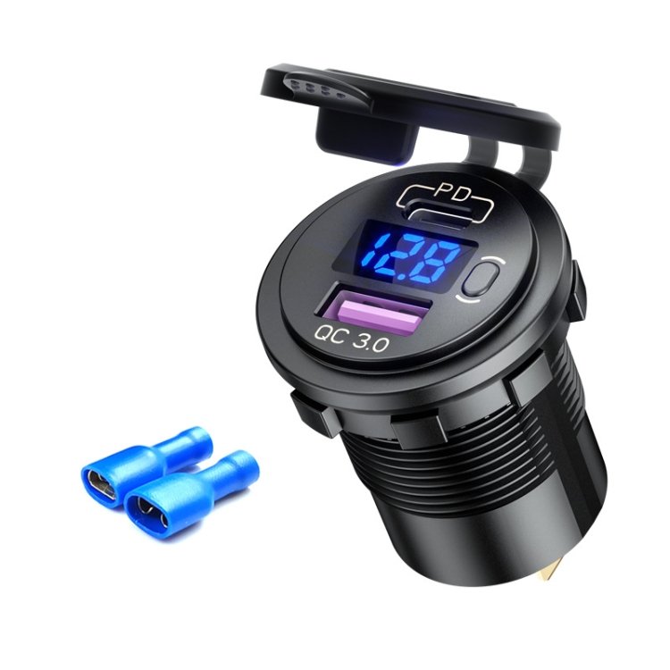 12V Modified Car USB Charger With Voltage Display PD QC3.0 Socket, With Terminal Blue Light, With Terminal Red Light, With Terminal Green Light, With 60cm Line Blue Light, With 60cm Line Red Light, With 60cm Line Green Light