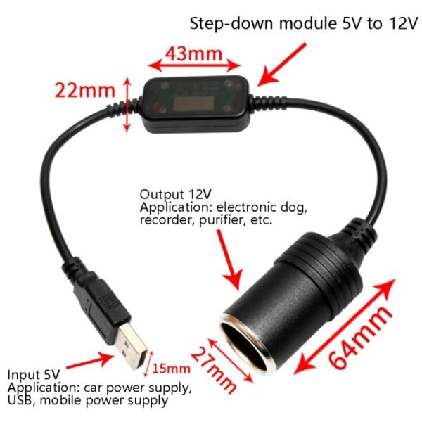 5V Turn 12V USB To Cigarette Lighter Socket Female Head Driving Recorder Mobile Power Cord, Specification: 1.2m, 2m, 3m - Image 3