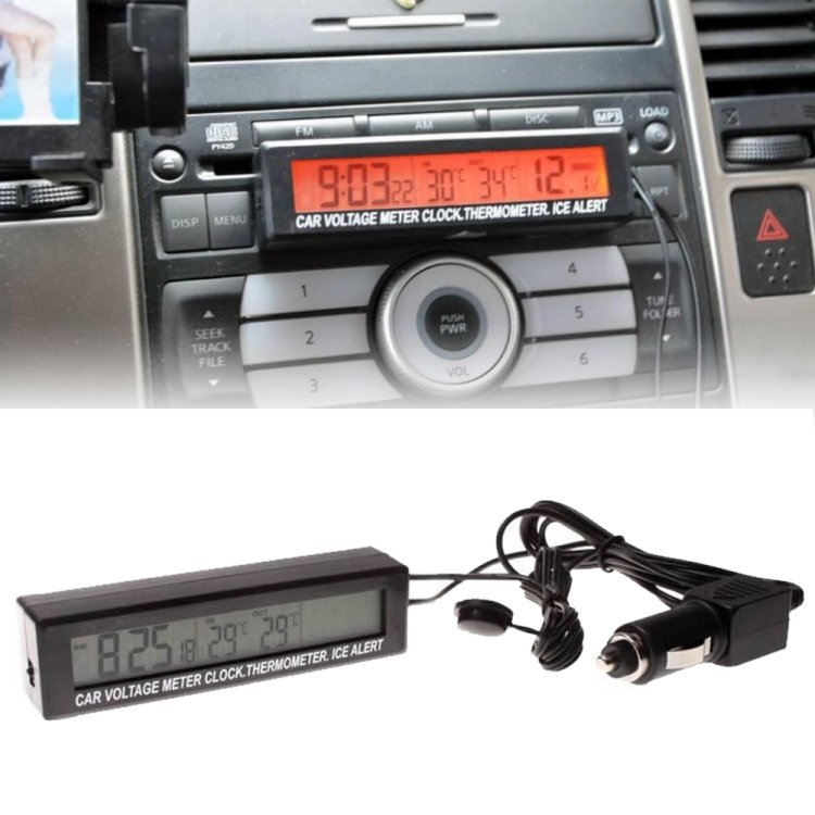 Car Inside And Outside Dual Temperature+Clock+Voltage LED Electronic Display, 4 in 1 Orange+Blue