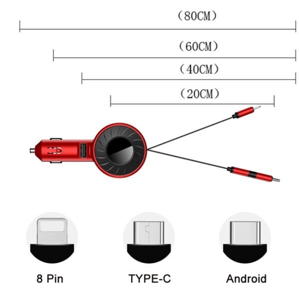 3 In 1 USB Dual Cable Single Pull Retractable Car Charger, Red, Black - Image 3