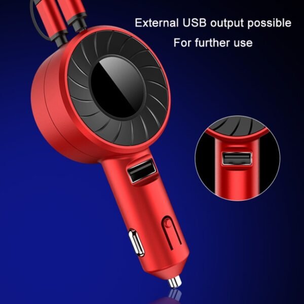 3 In 1 USB Dual Cable Single Pull Retractable Car Charger, Red, Black - Image 5