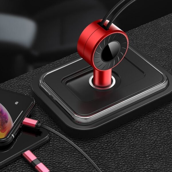 3 In 1 USB Dual Cable Single Pull Retractable Car Charger, Red, Black - Image 6