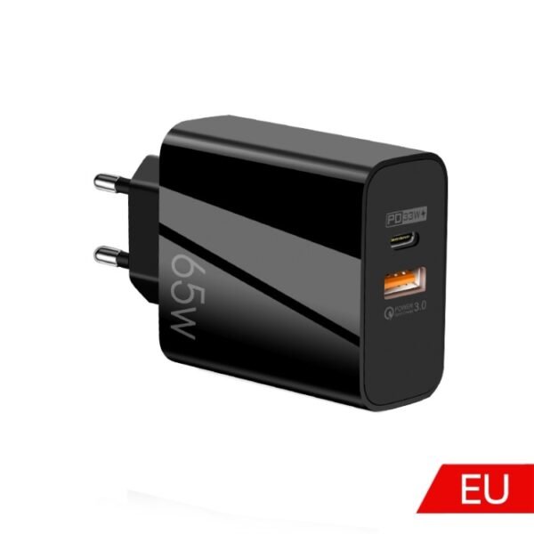A502 65W USB-C/Type-C+USB Dual Port GaN Charger QC3.0 Laptop Universal Charger, EU Plug Black, EU Plug White, US Plug Black, US Plug White, UK Plug Black, UK Plug White