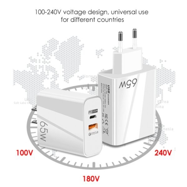 A502 65W USB-C/Type-C+USB Dual Port GaN Charger QC3.0 Laptop Universal Charger, EU Plug Black, EU Plug White, US Plug Black, US Plug White, UK Plug Black, UK Plug White - Image 3