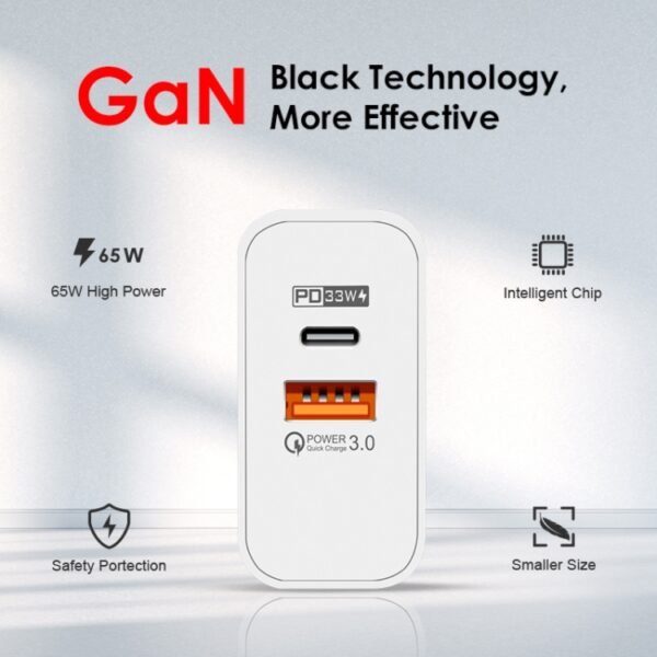 A502 65W USB-C/Type-C+USB Dual Port GaN Charger QC3.0 Laptop Universal Charger, EU Plug Black, EU Plug White, US Plug Black, US Plug White, UK Plug Black, UK Plug White - Image 4