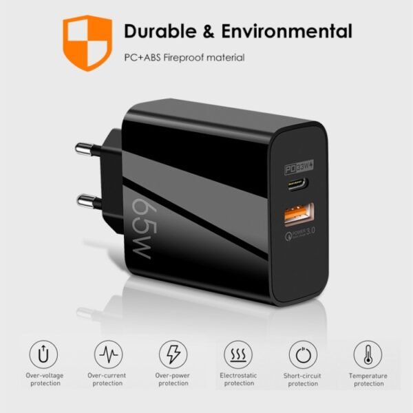 A502 65W USB-C/Type-C+USB Dual Port GaN Charger QC3.0 Laptop Universal Charger, EU Plug Black, EU Plug White, US Plug Black, US Plug White, UK Plug Black, UK Plug White - Image 5